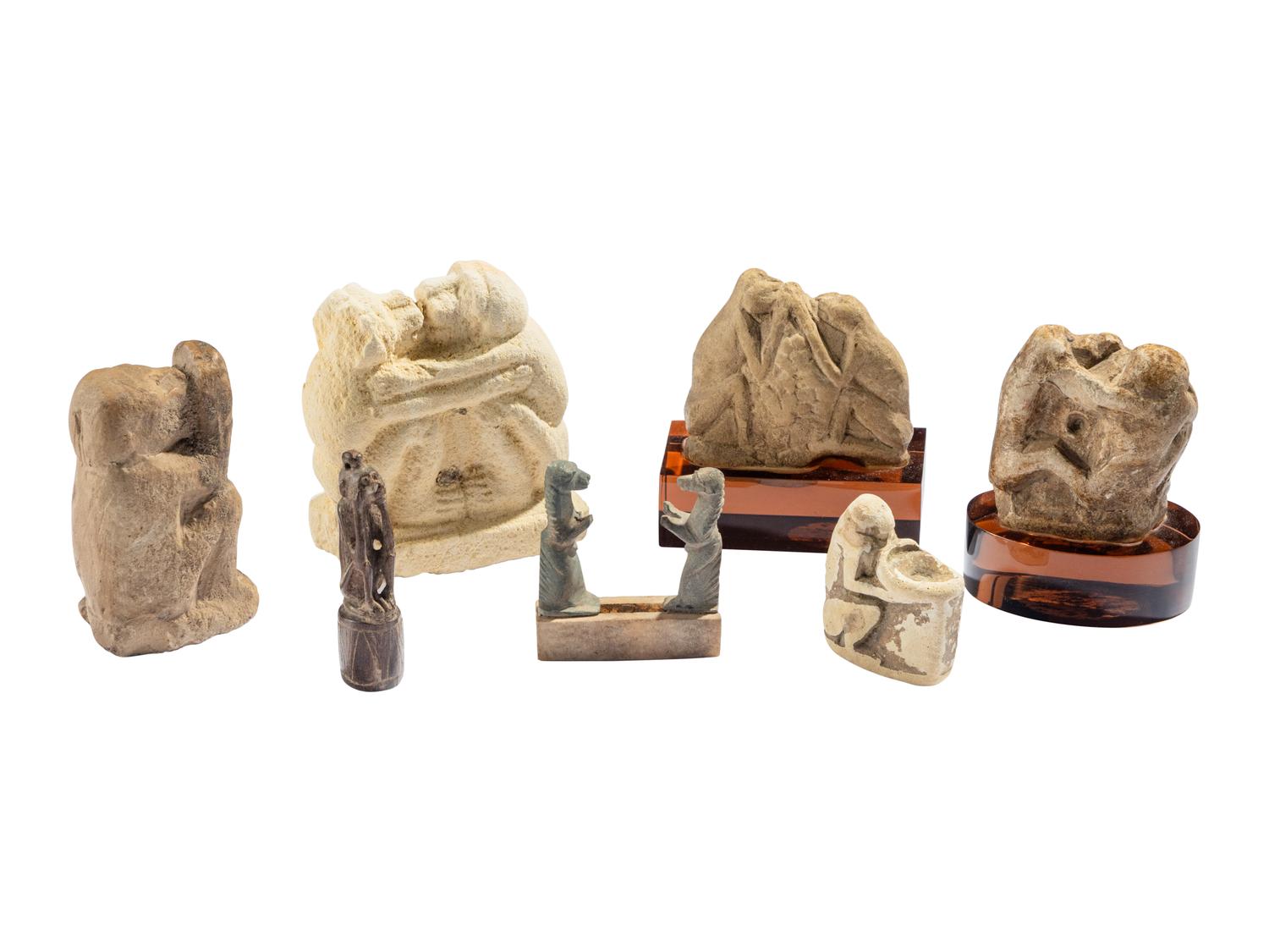 Seven Egyptian Stone and Wood Baboon Figures