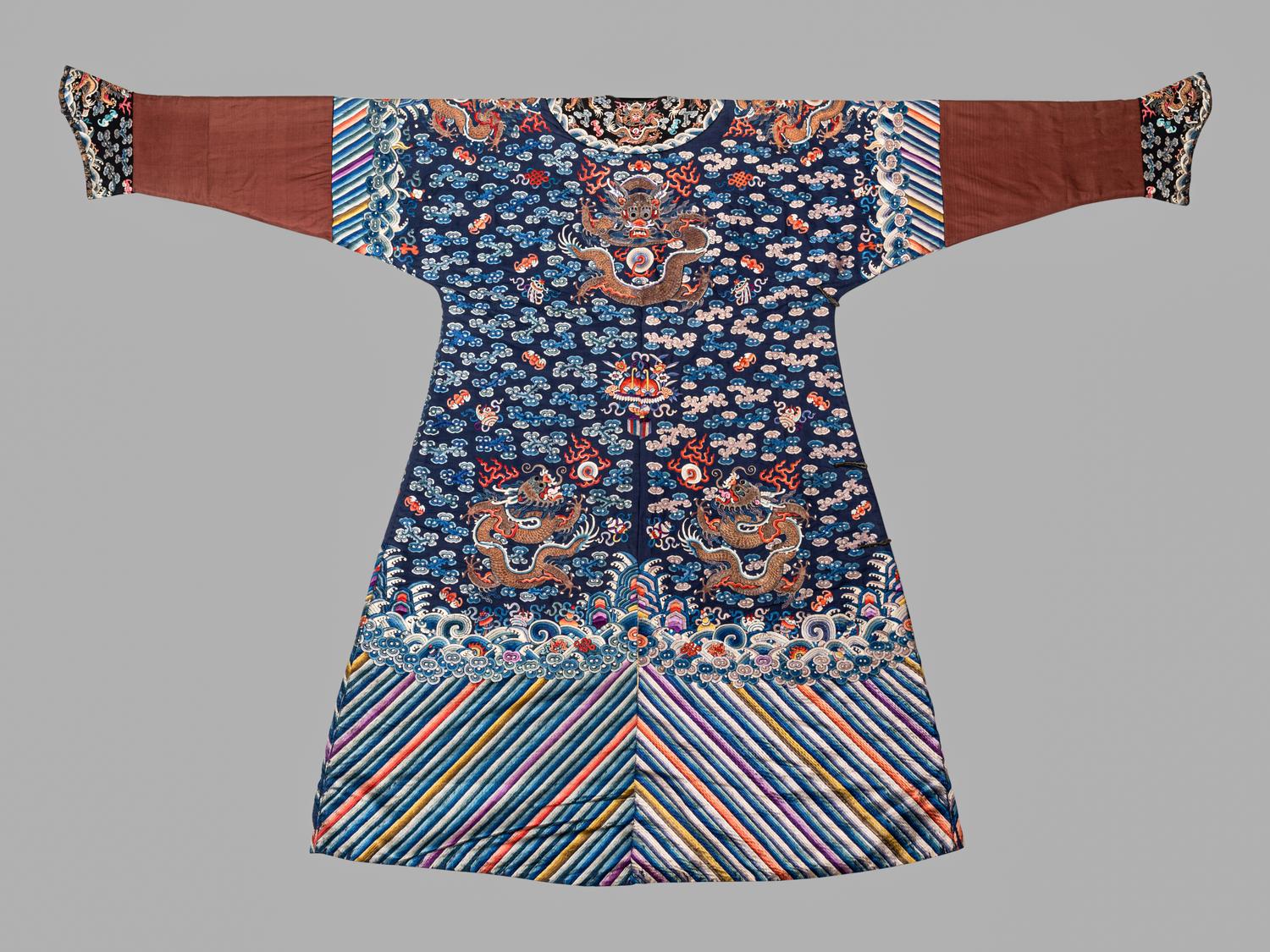 A Blue Ground Embroidered Silk Dragon Robe, Jifu