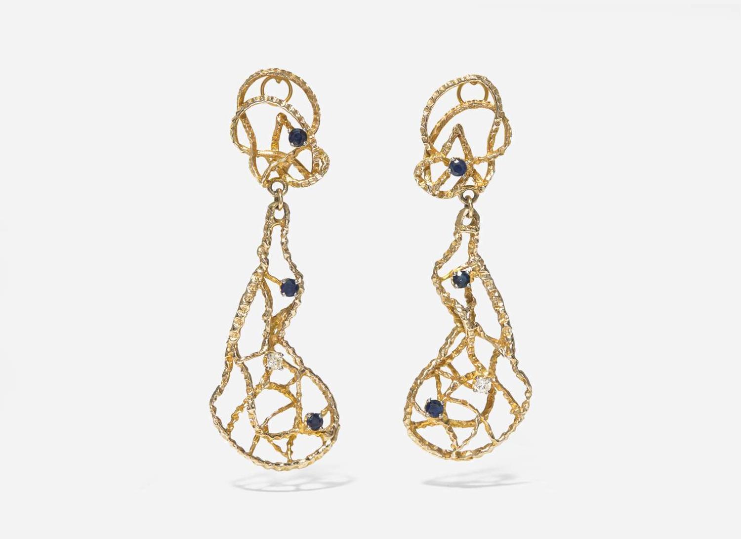 A Pair of 14K Yellow Gold, Sapphire, and Diamond Earrings
