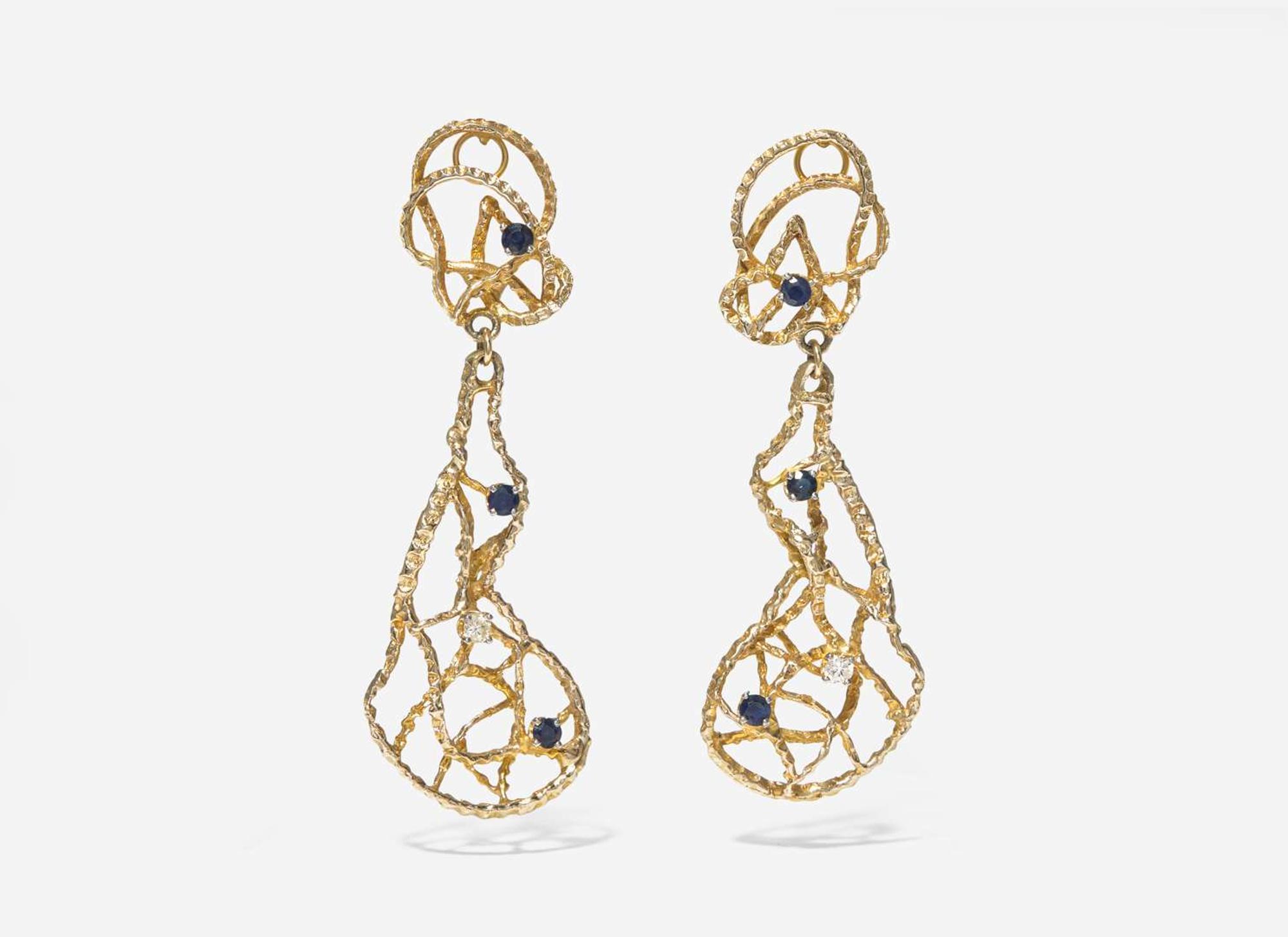 A Pair of 14K Yellow Gold, Sapphire, and Diamond Earrings