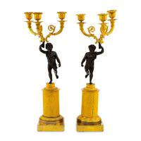 A Pair of French Gilt and Patinated Bronze Three-Light Candleabra