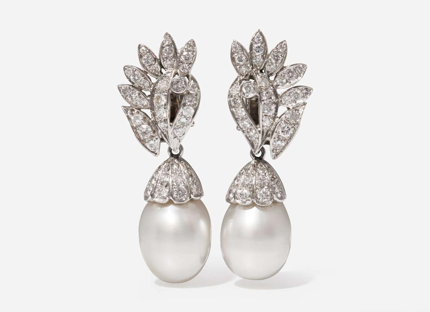 A Pair of 14K White Gold, South Sea Pearl and Diamond Earrings