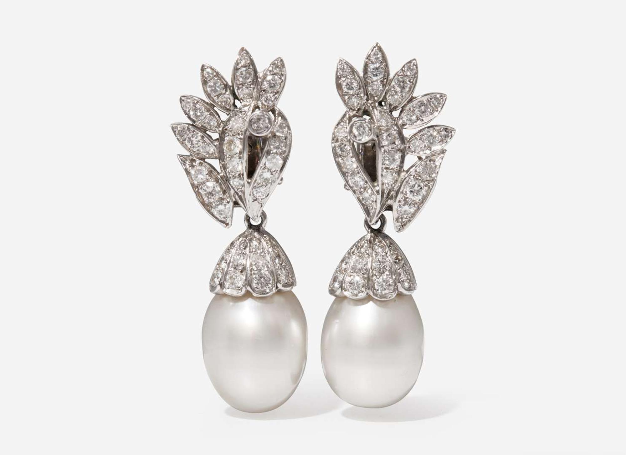 A Pair of 14K White Gold, South Sea Pearl and Diamond Earrings