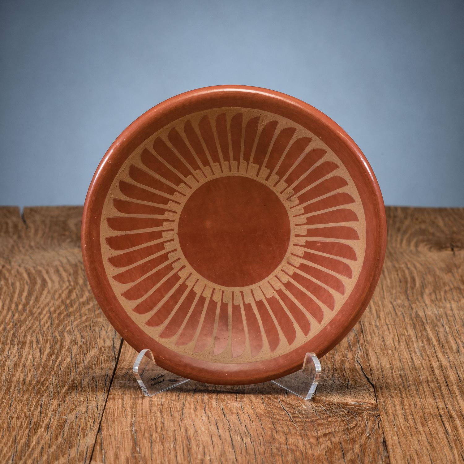 Redware Pottery Plate, with Repeating Feather Design