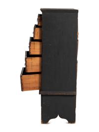 A Country Queen Anne Black Painted Cherrywood and Pine Tall Chest of Drawers, 18th Century