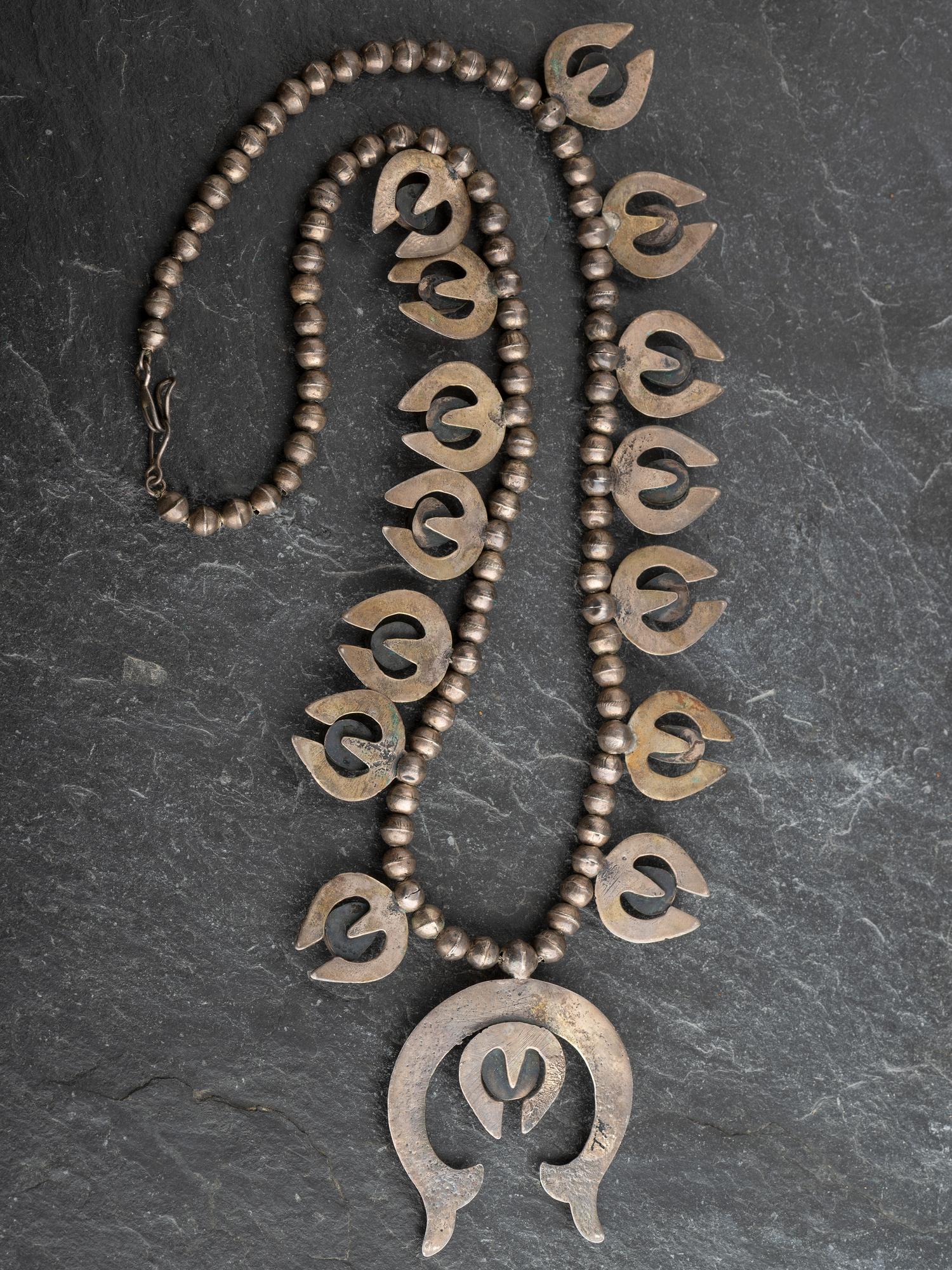 Navajo Silver and #8 Turquoise Squash Blossom Necklace