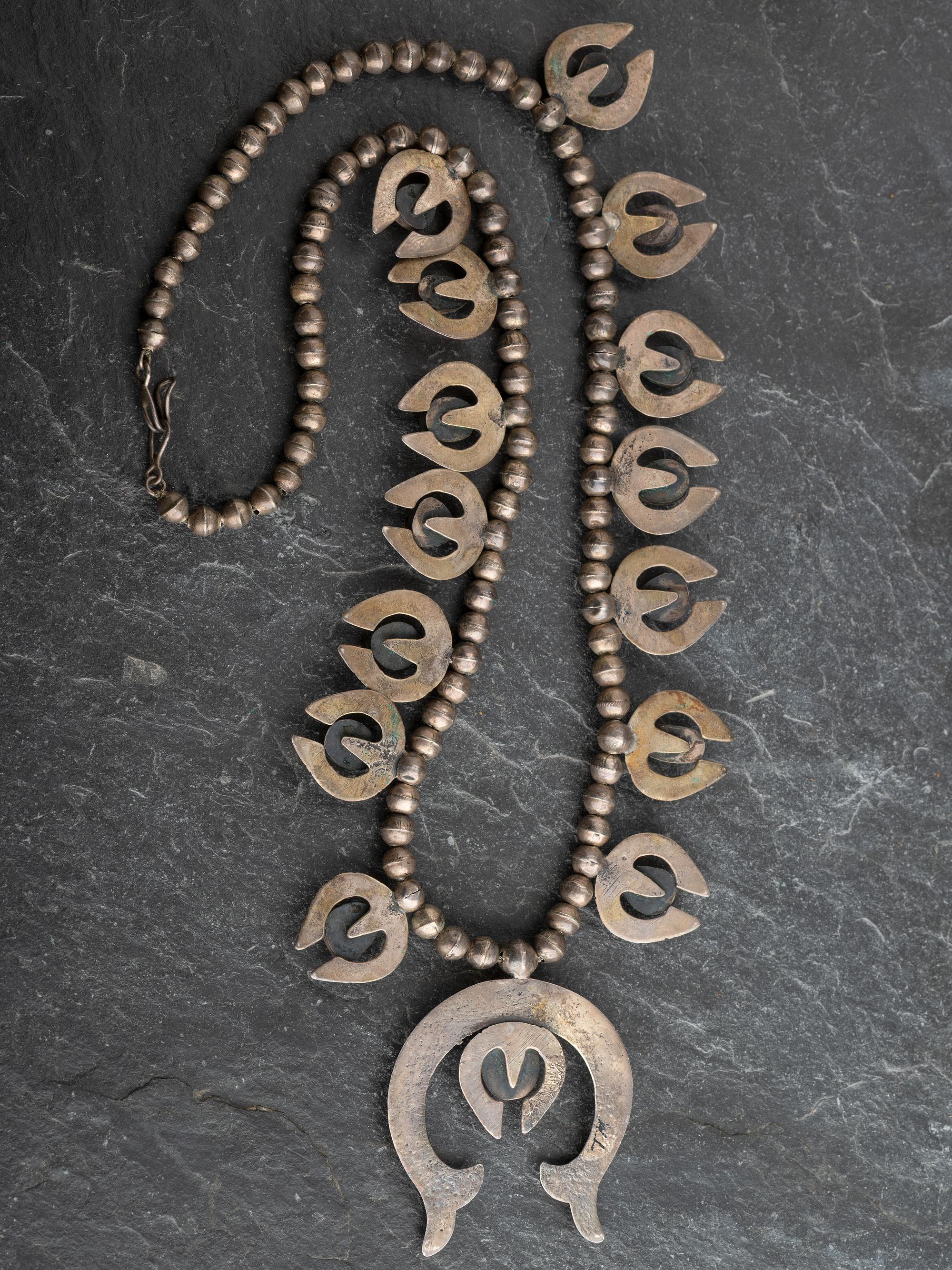 Navajo Silver and #8 Turquoise Squash Blossom Necklace