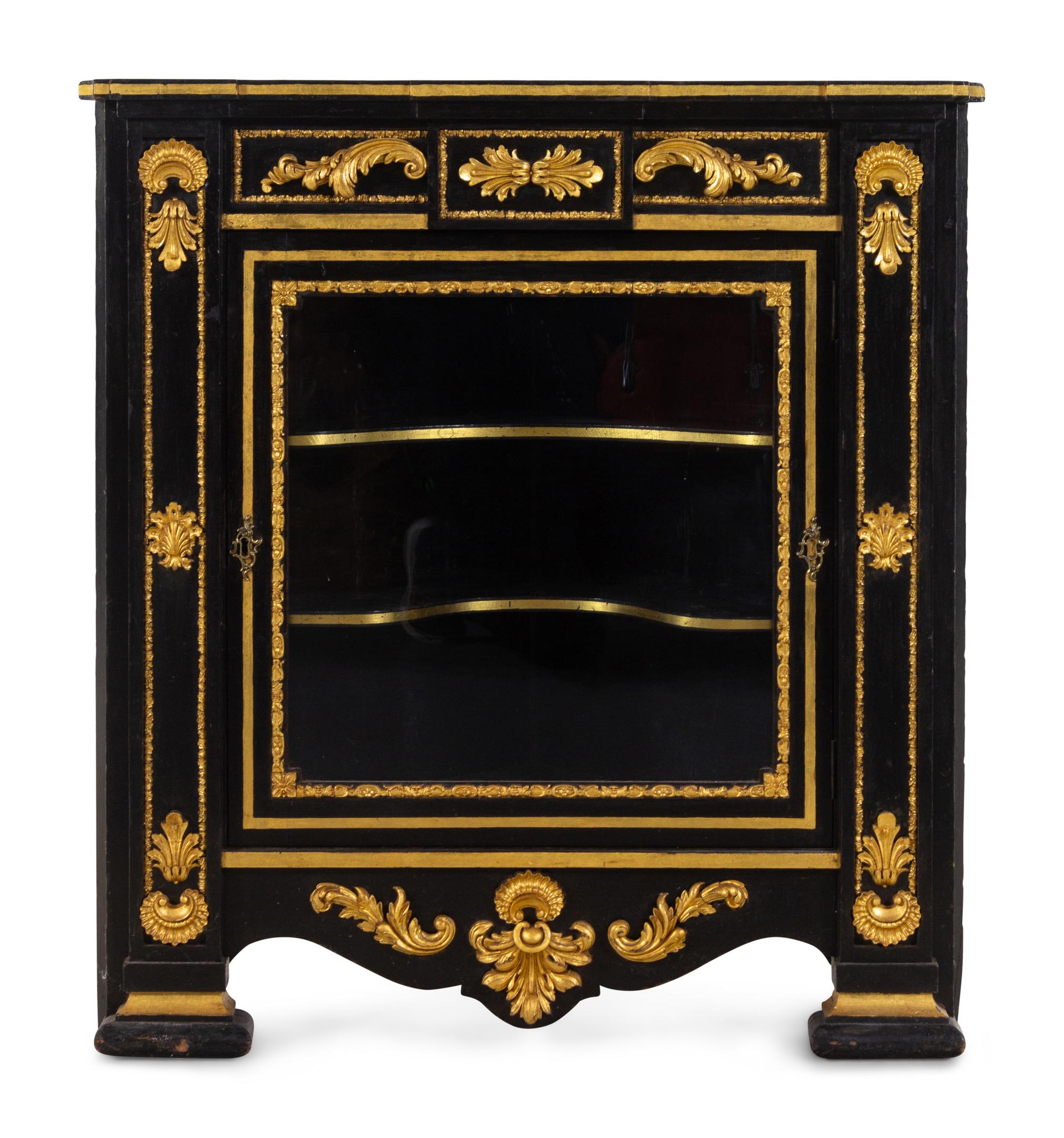 A Napoleon III Style Parcel Gilt and Ebonized Marble-Top Corner Cabinet