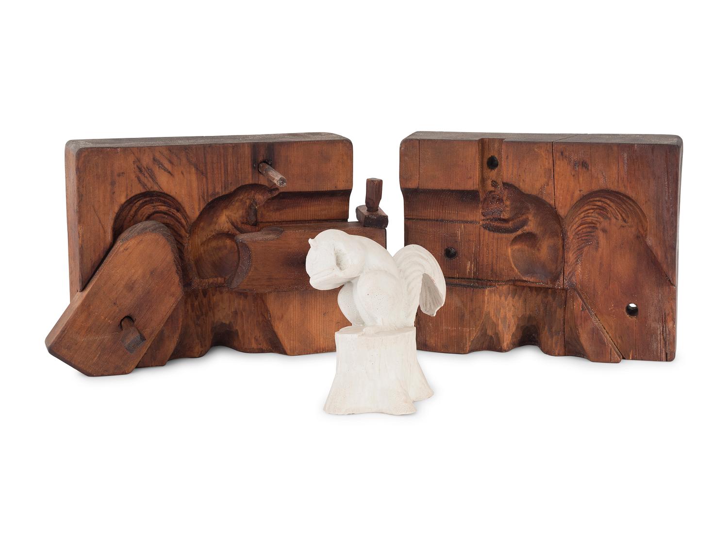 A Two-Part Carved Pine Squirrel Form Butter Mold