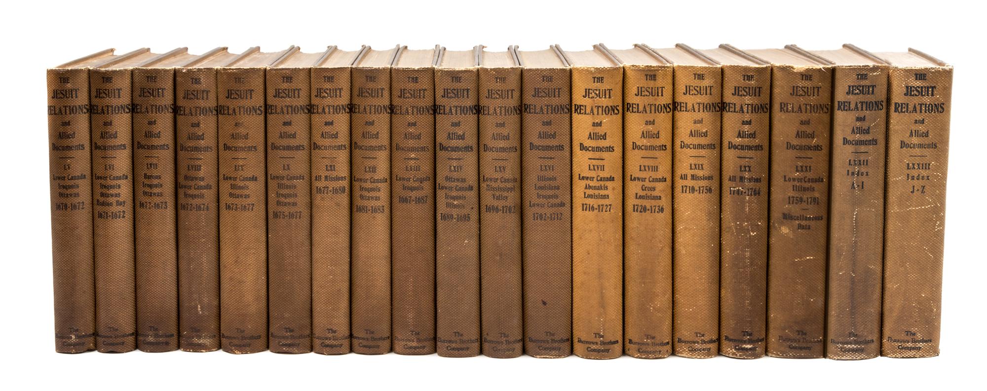 THWAITES, REUBEN GOLD. The Jesuit Relations and Allied Documents...in New France. Cleveland, 1896-1901. Limited. 73 vols.