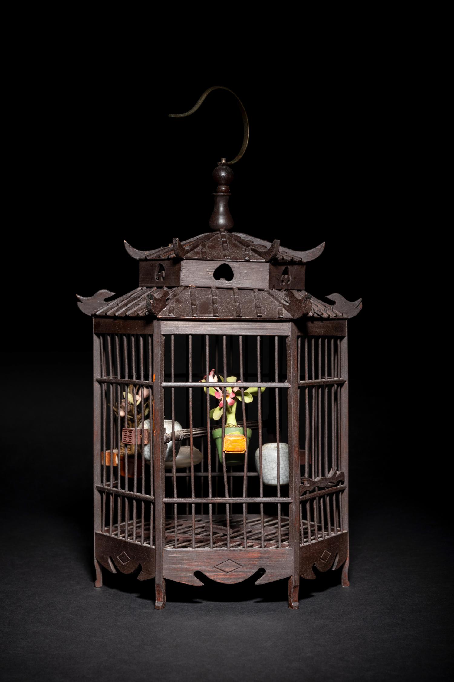 A Chinese Wood Pavilion-Form Bird Cage