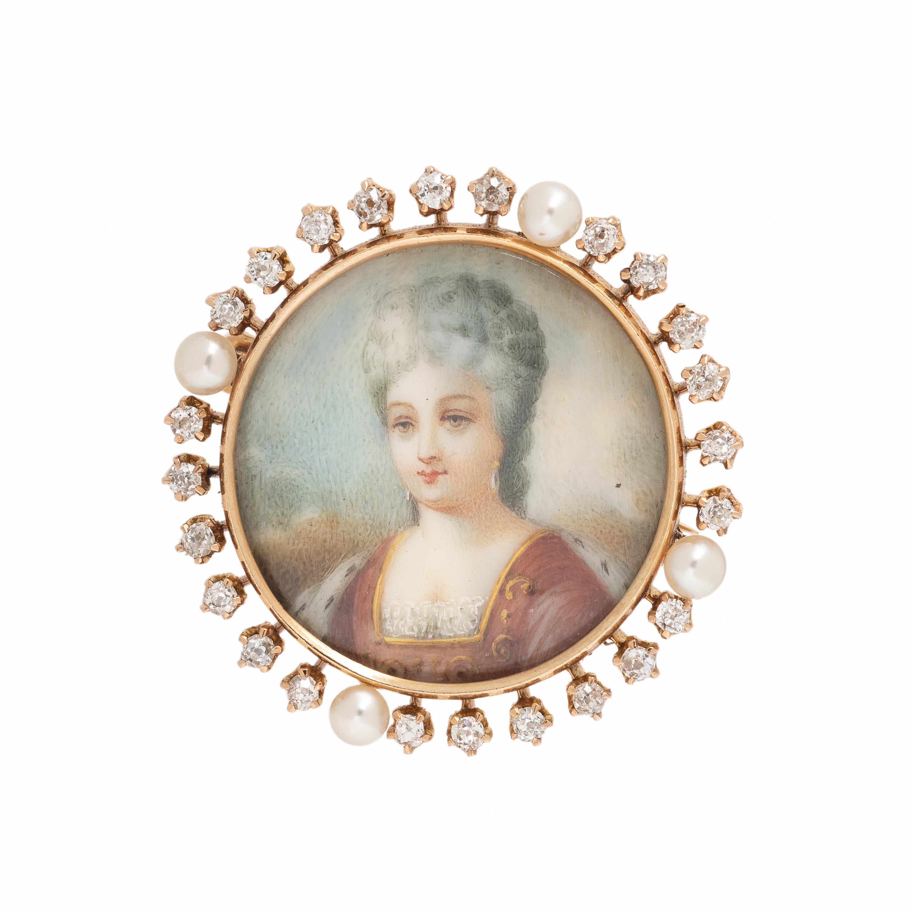 Antique, Seed Pearl, Diamond, and Rose Gold Portrait Locket Pin