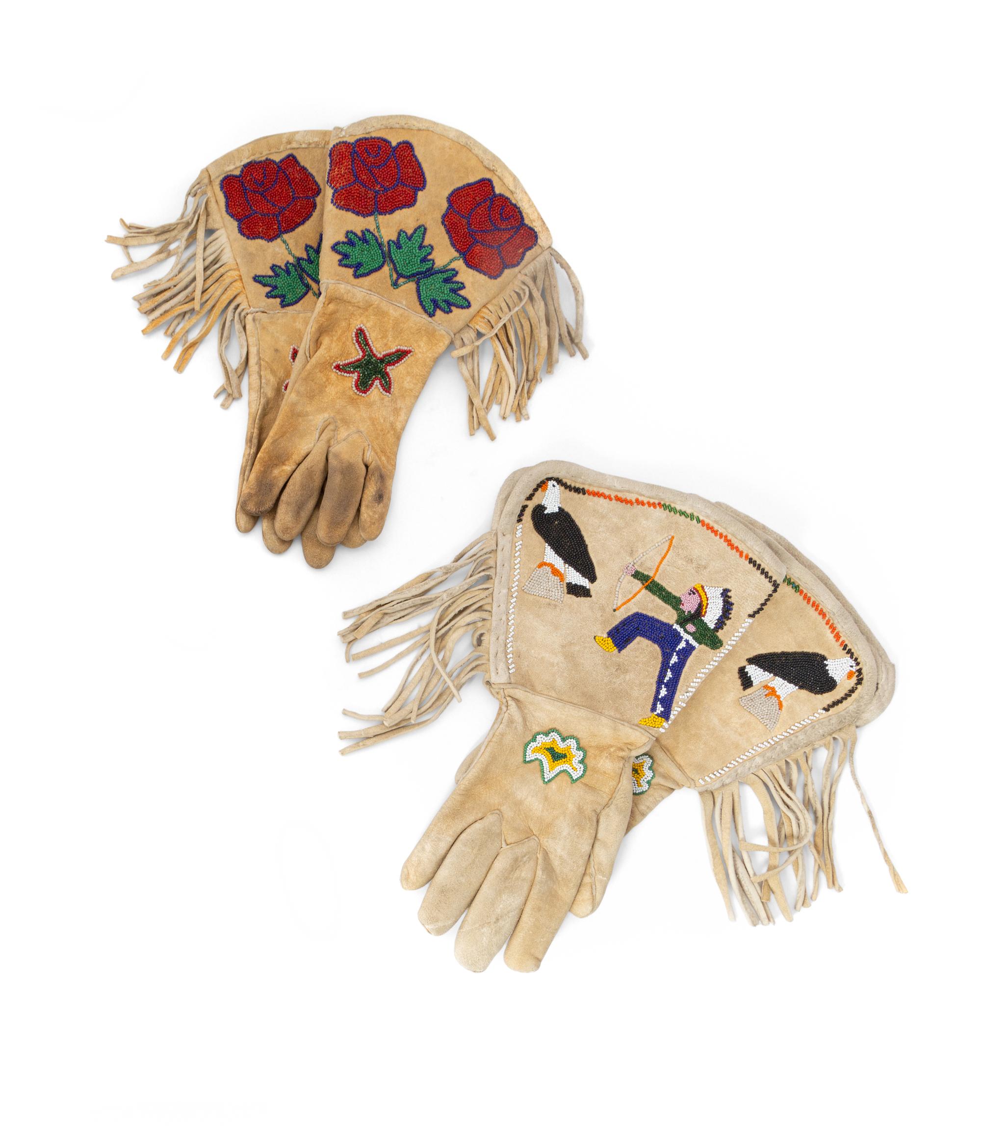 Two Pairs of Shoshone Beaded Hide Gauntlets