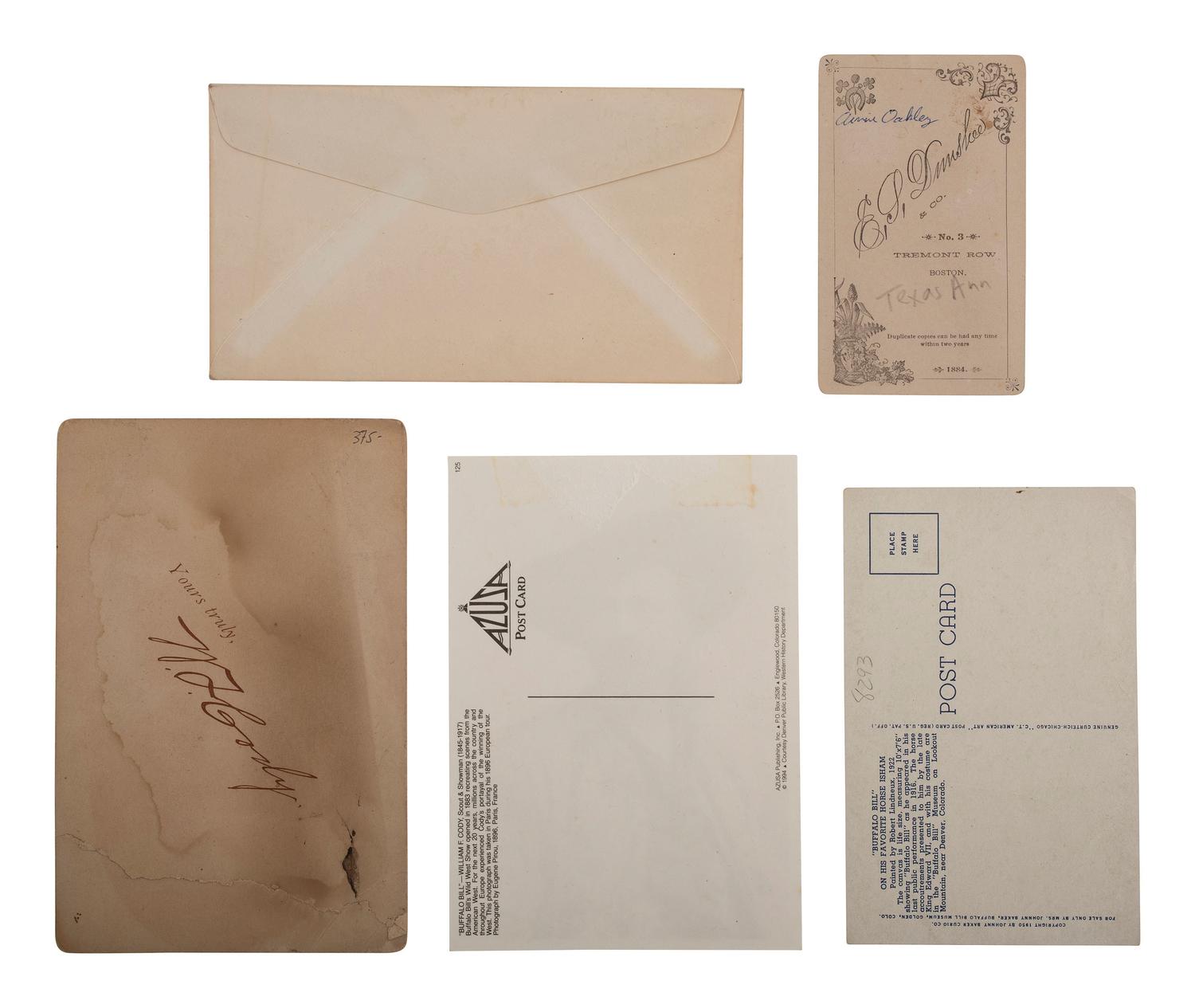 [WILD WEST SHOWS]. 5 items, incl. photos of "Buffalo Bill" Cody and female performer with rifle.