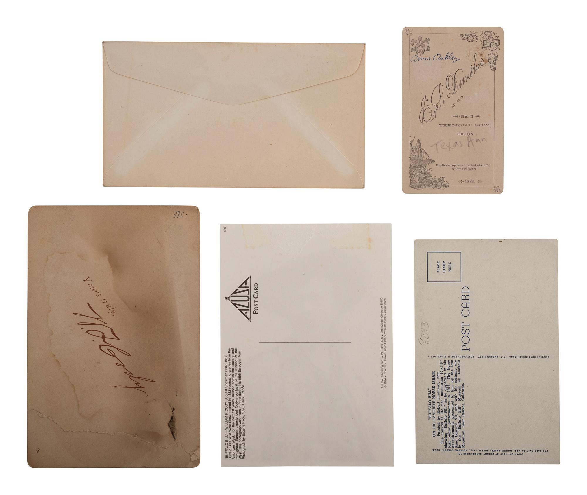 [WILD WEST SHOWS]. 5 items, incl. photos of "Buffalo Bill" Cody and female performer with rifle.