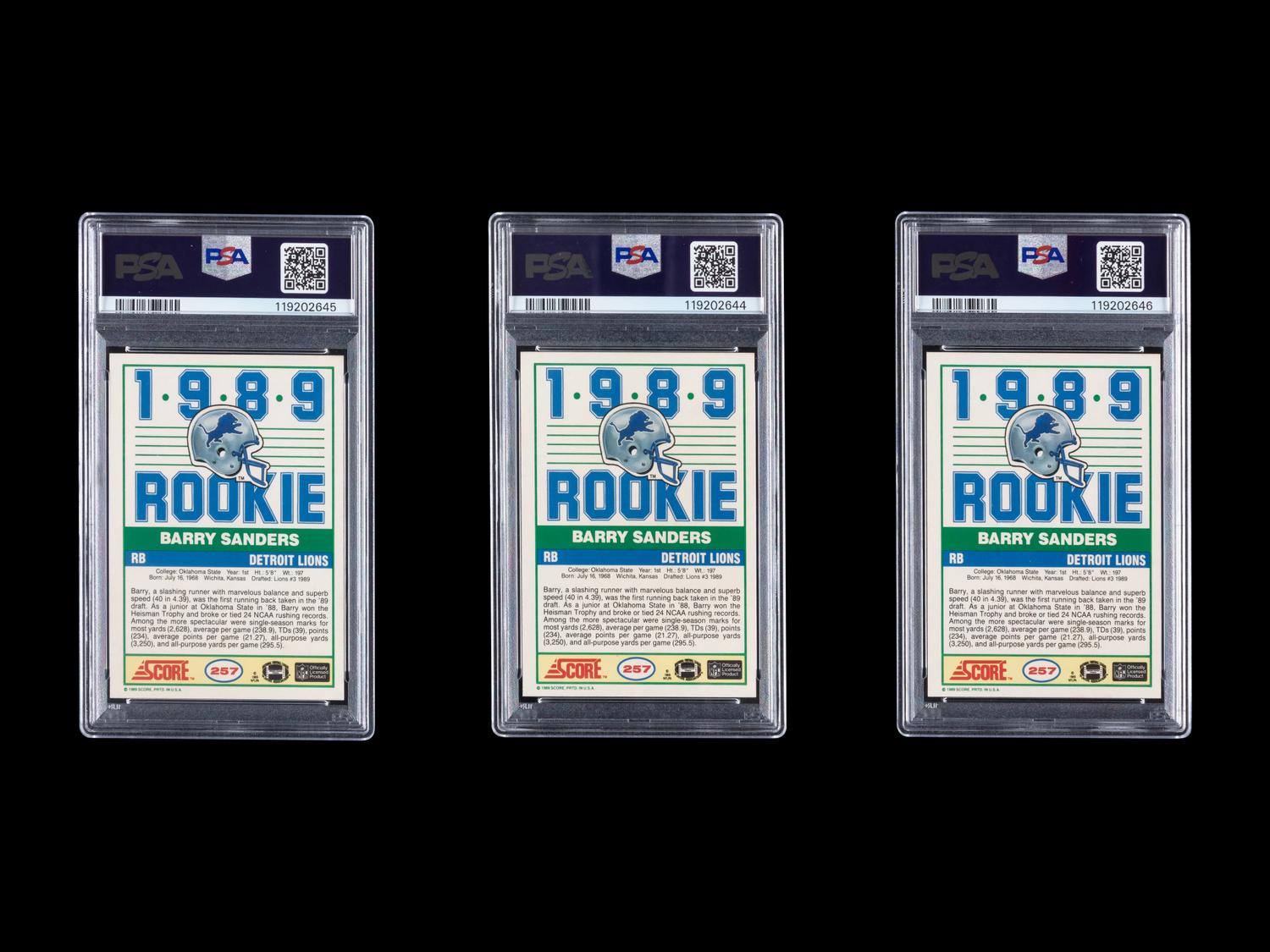 A Collection of Three PSA 8 (NM-MT) 1989 Score Barry Sanders Rookie Football Cards No. 257