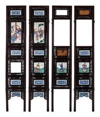 A Chinese Porcelain Inset Hardwood Eight-Panel Screen