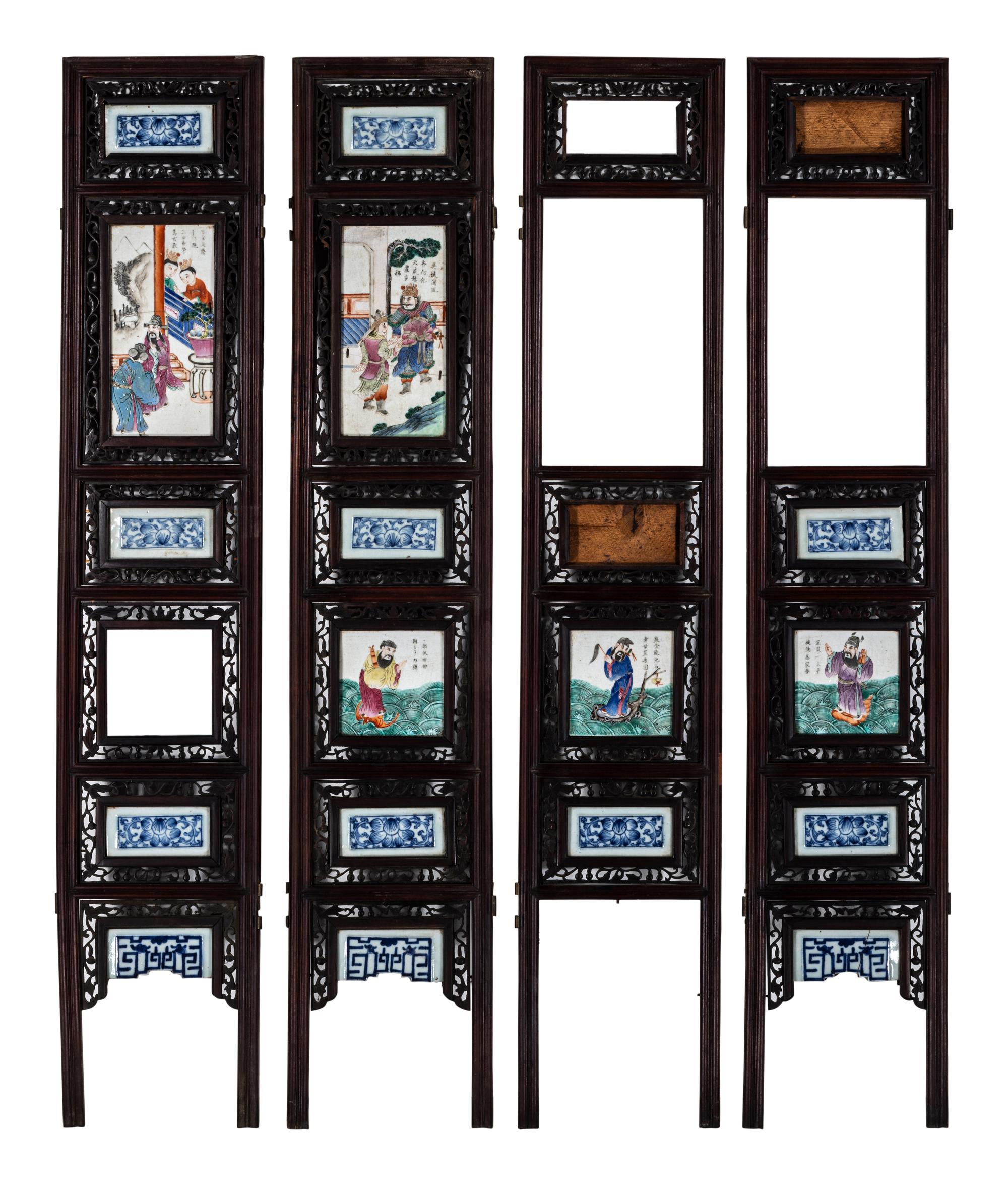 A Chinese Porcelain Inset Hardwood Eight-Panel Screen