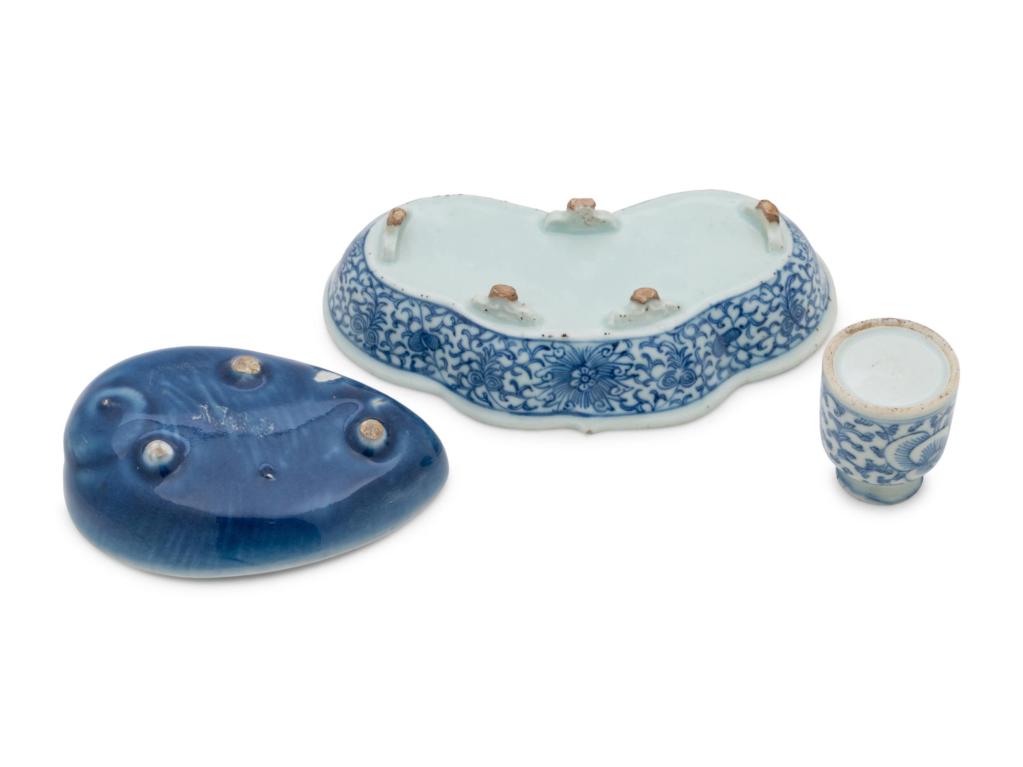 Three Chinese Blue and White Porcelain Scholar's Objects