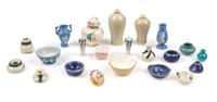 A Collection of Porcelain and Pottery Table Articles Height of tallest 1 3/4 inches. — Various Makers