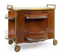 An Art Deco Gilt Bronze Mounted Bar Cart Height 33 x width 39 x depth 19 3/4 inches.