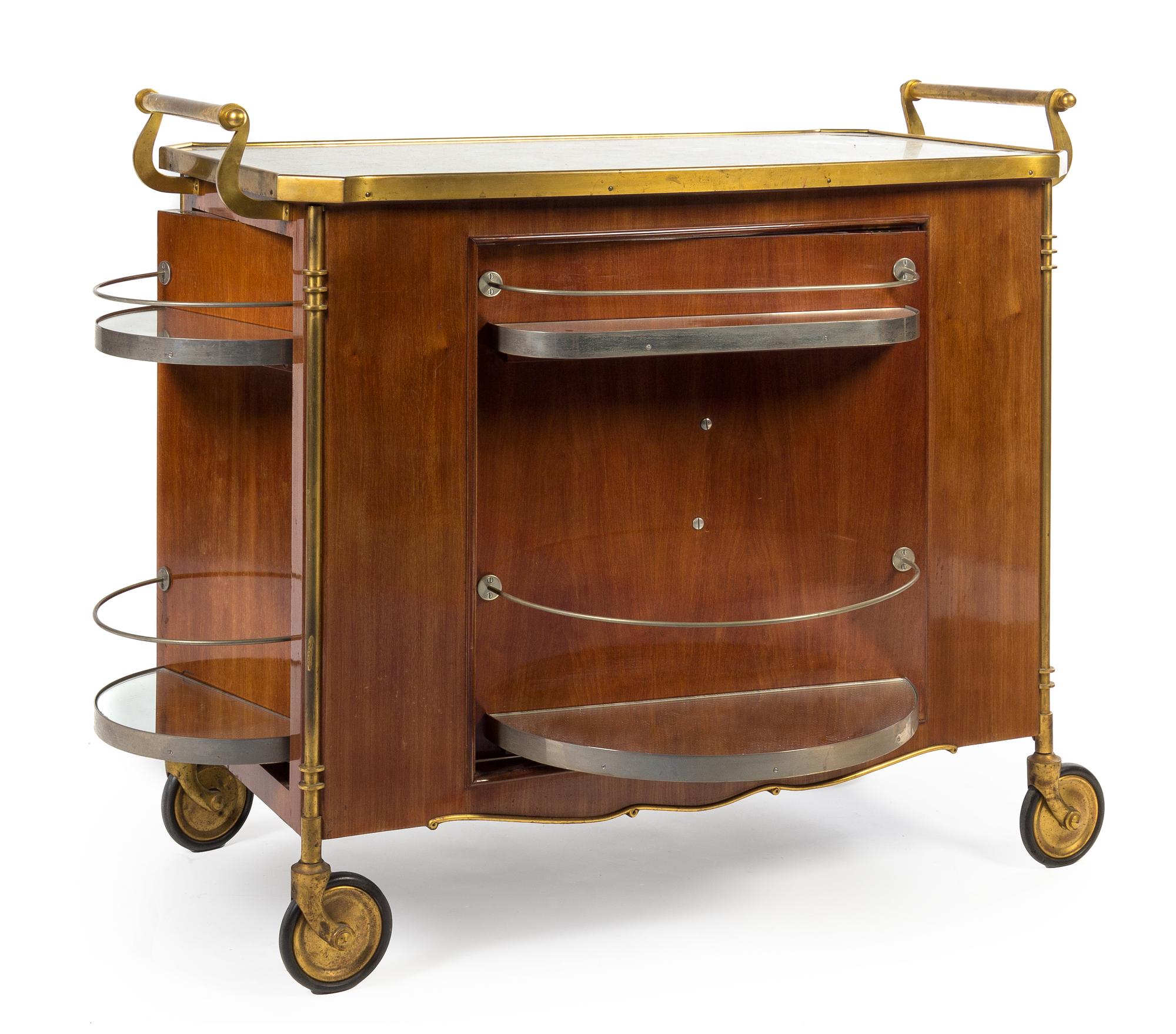 An Art Deco Gilt Bronze Mounted Bar Cart Height 33 x width 39 x depth 19 3/4 inches.