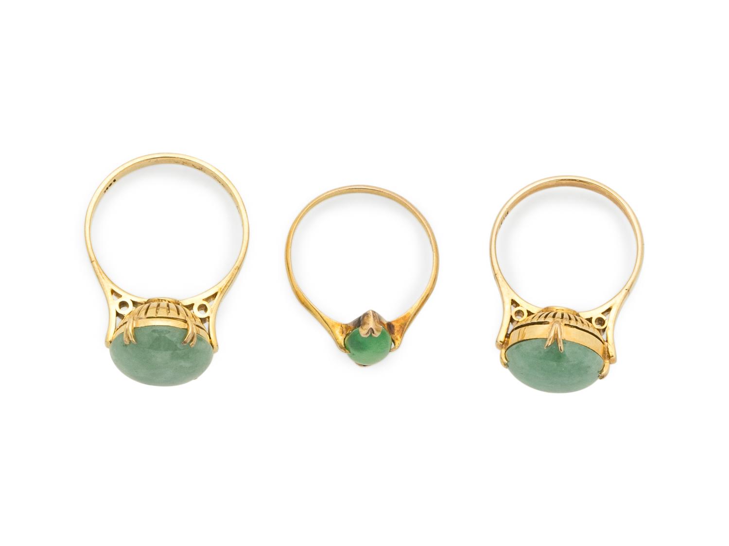 Three Chinese 14K Yellow Gold Mounted Jadeite Rings