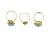 Three Chinese 14K Yellow Gold Mounted Jadeite Rings