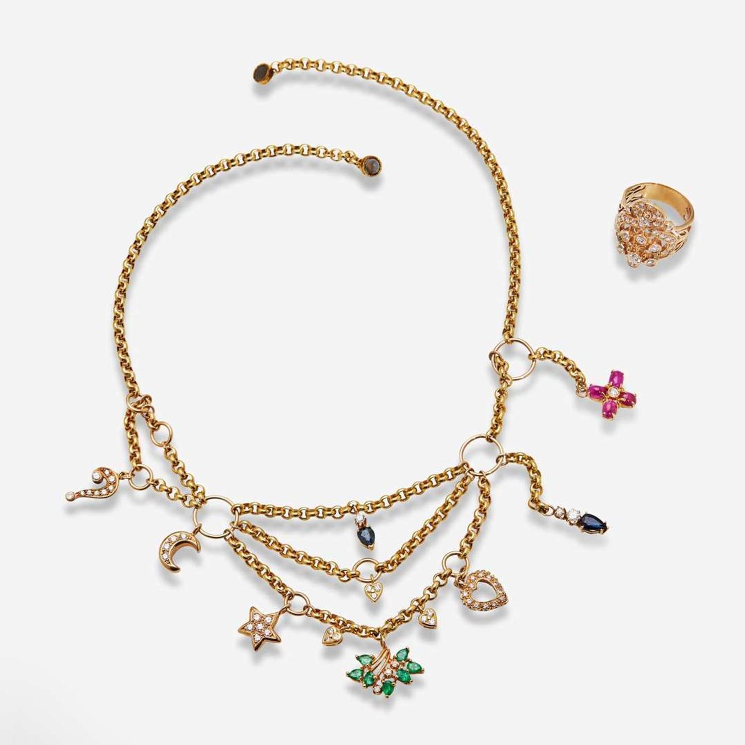 A 14K Yellow Gold and Gemstone Necklace and Diamond Ring