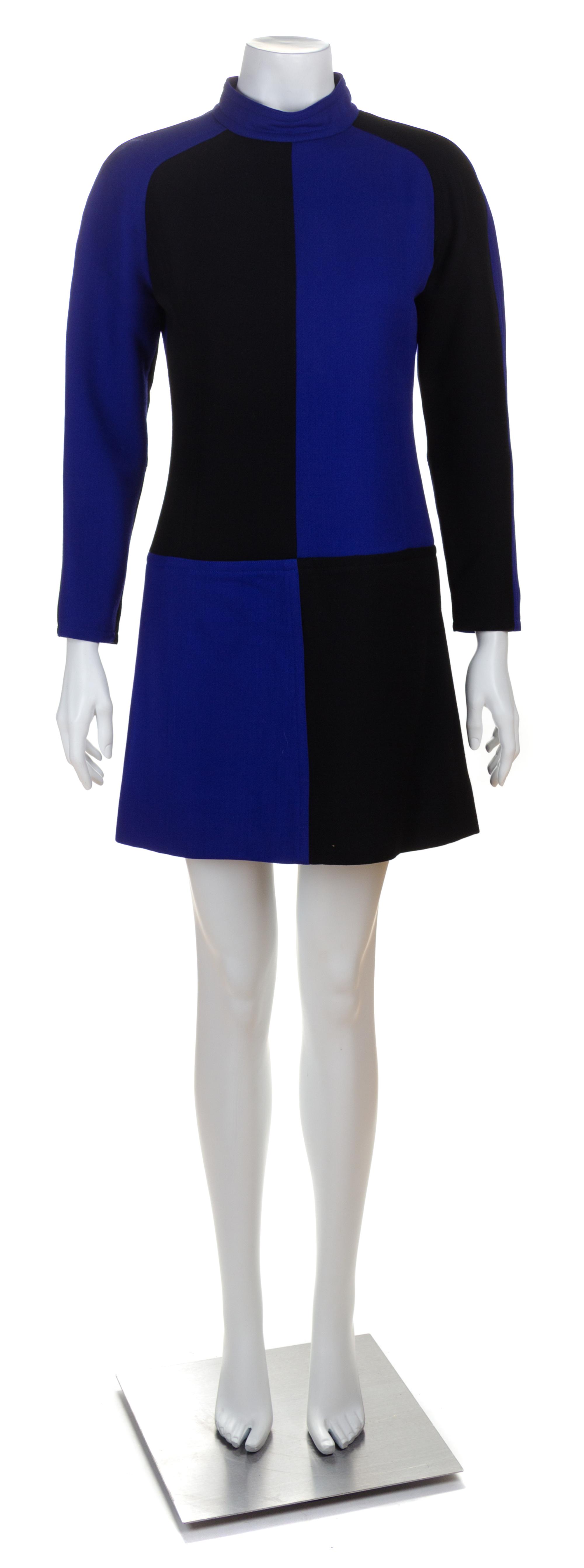 A Courreges Color Block Indigo and Black Wool Mod Dress, Size 36.