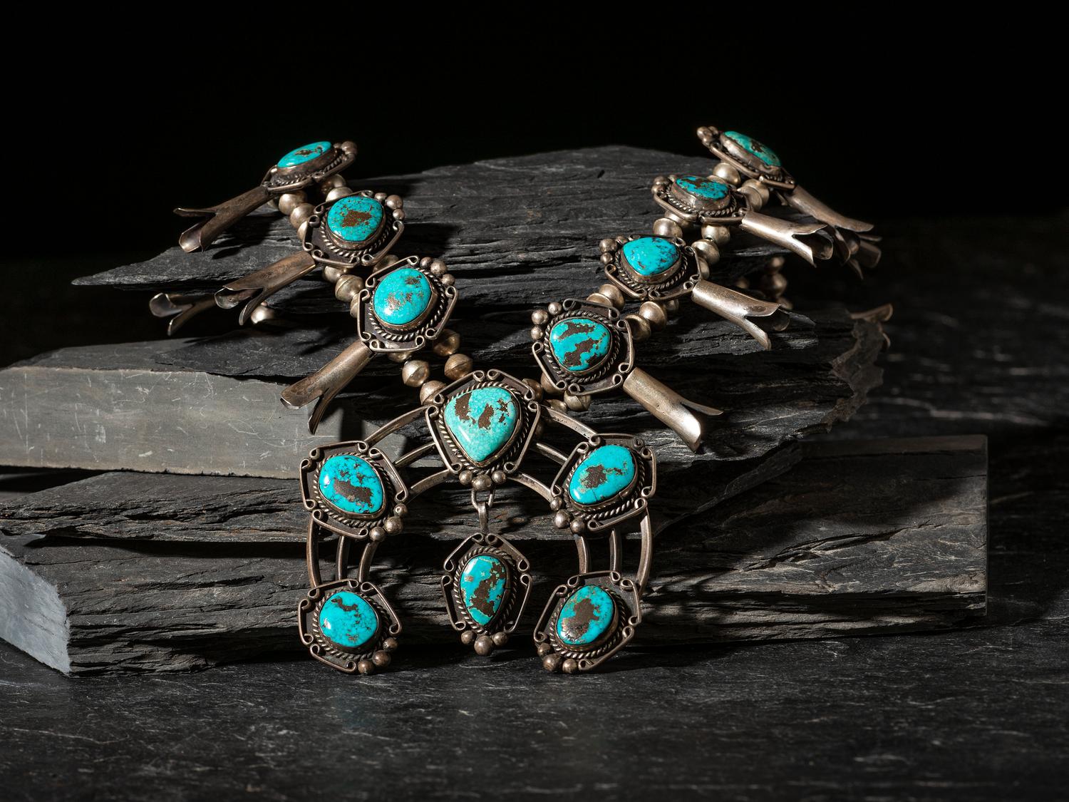 Navajo Silver and Turquoise Squash Blossom Necklace
