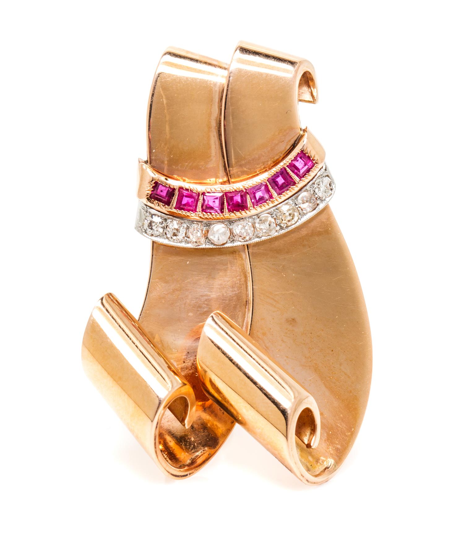 A Retro Rose Gold, Ruby and Diamond Dress Clip Brooch, 9.70 dwts.