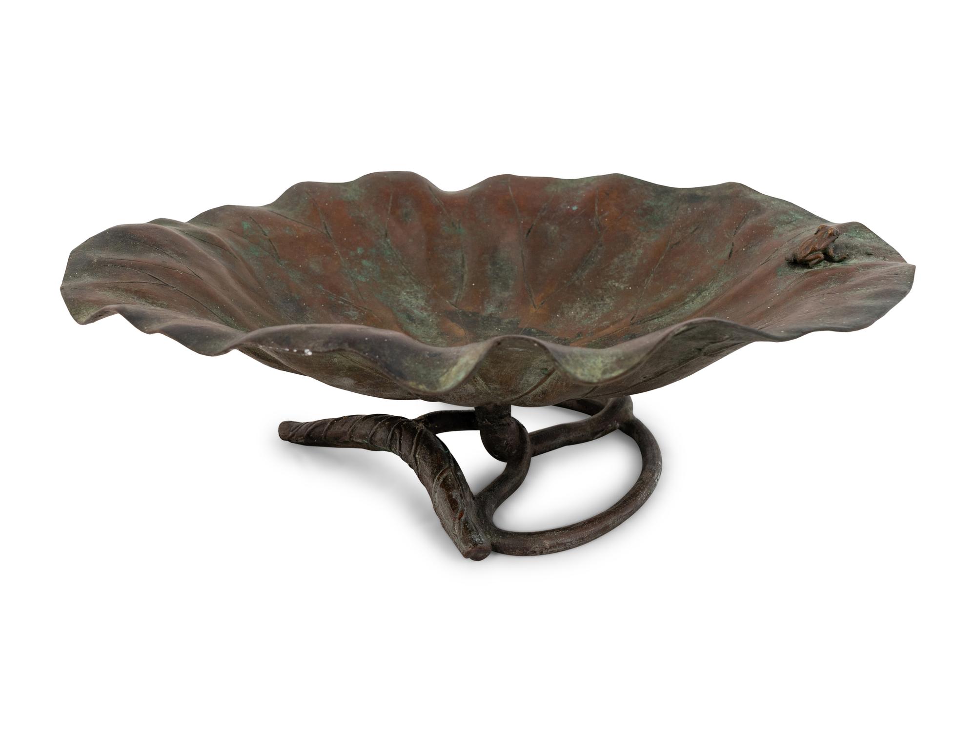 A Japanese Meiji Bronze Lotus Leaf Bowl with Frog — 19TH/20TH CENTURY