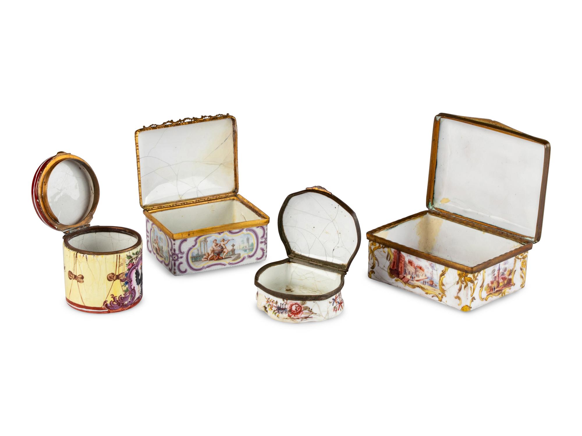 Four Staffordshire Enamel Snuff Boxes