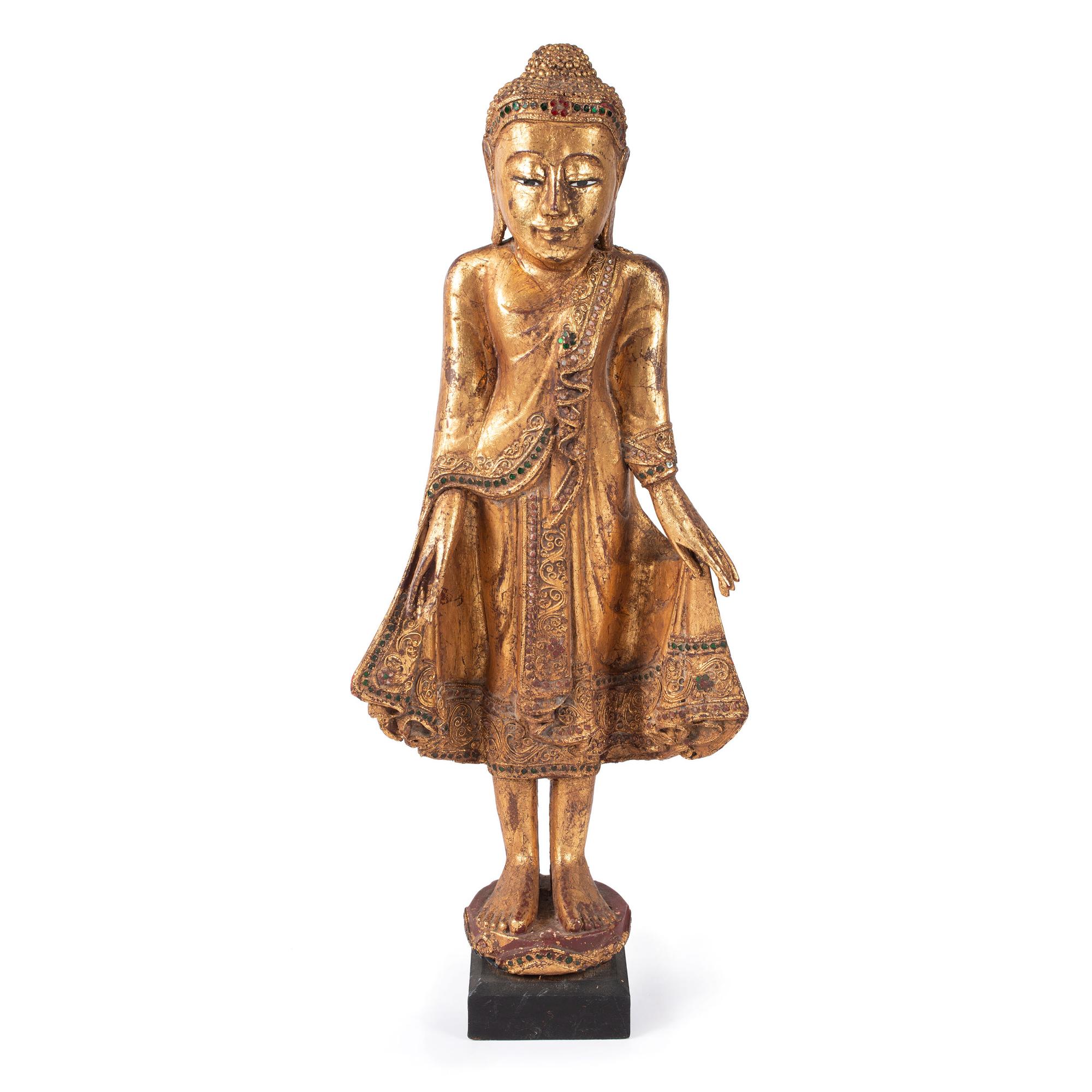 A Chinese Carved Gilt Wood Standing Buddha Figure