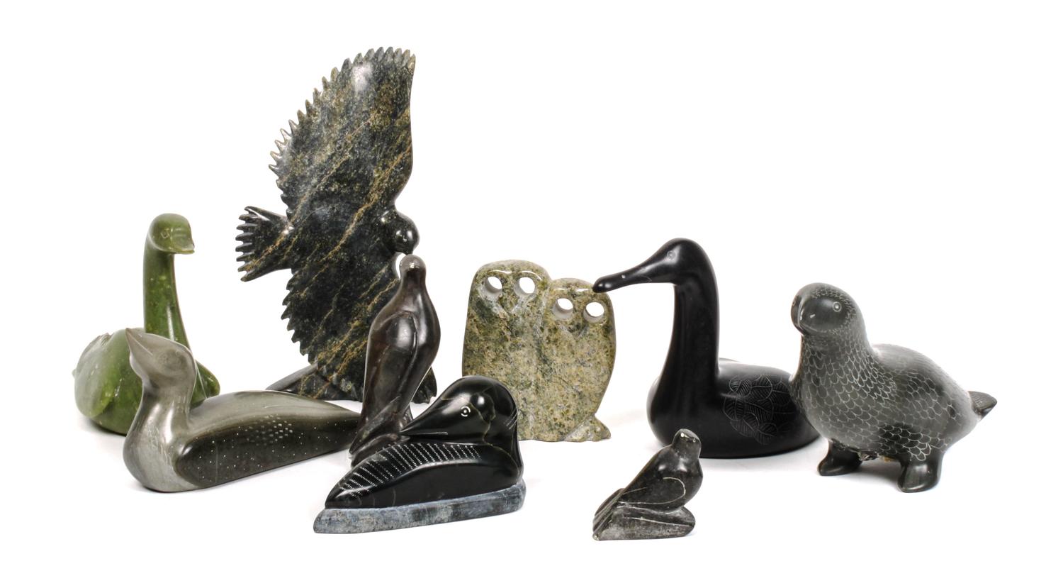 Nine Inuit Carved Hardstone Birds Height of the largest 7 1/2 inches.