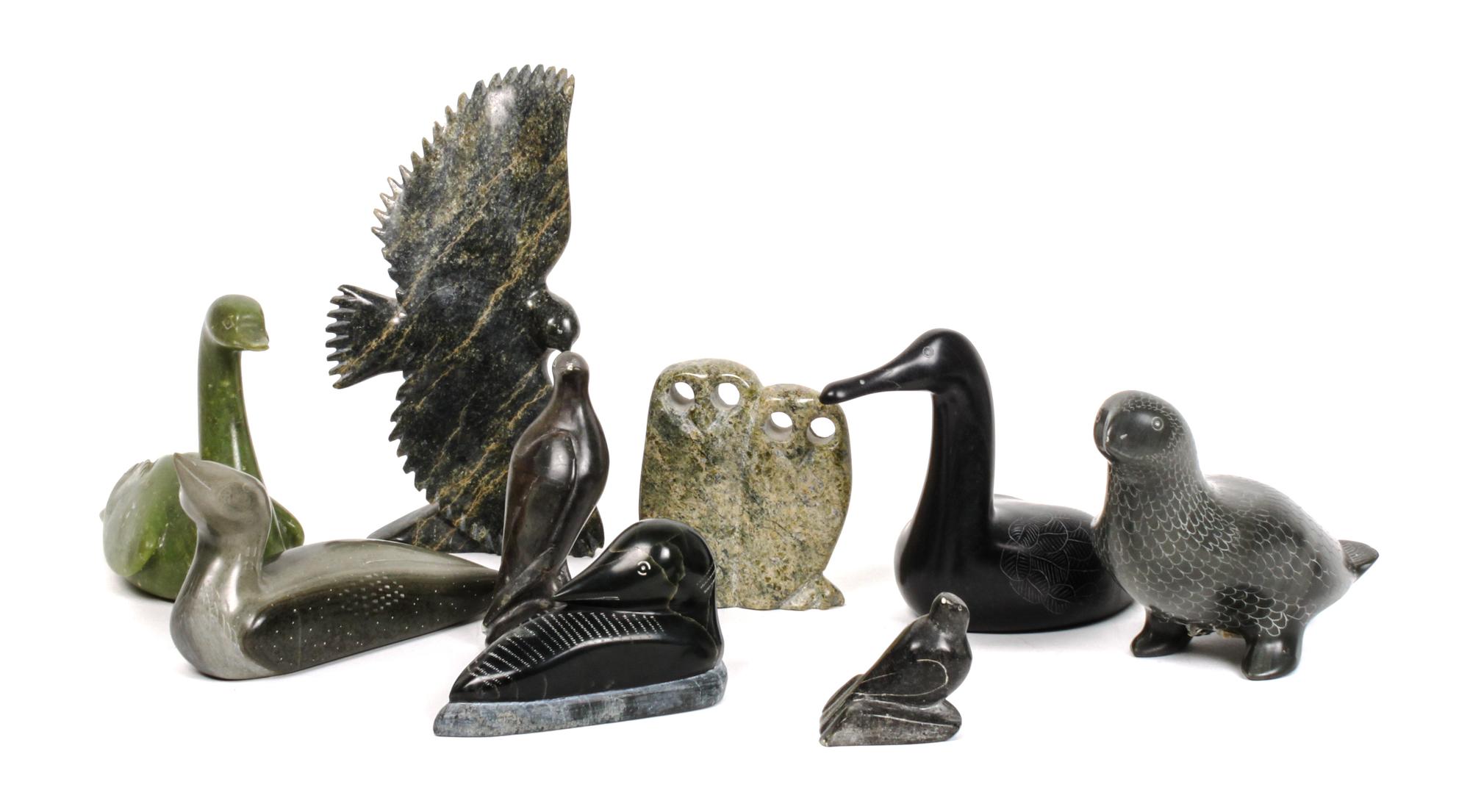 Nine Inuit Carved Hardstone Birds Height of the largest 7 1/2 inches.