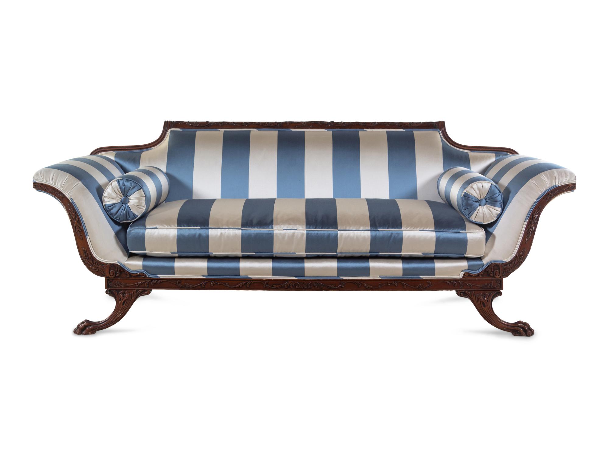 A Regency Style Scalamandré Satin Upholstered Sofa