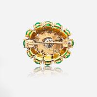 A 14K Yellow Gold, Emerald, Sapphire, and Diamond Brooch