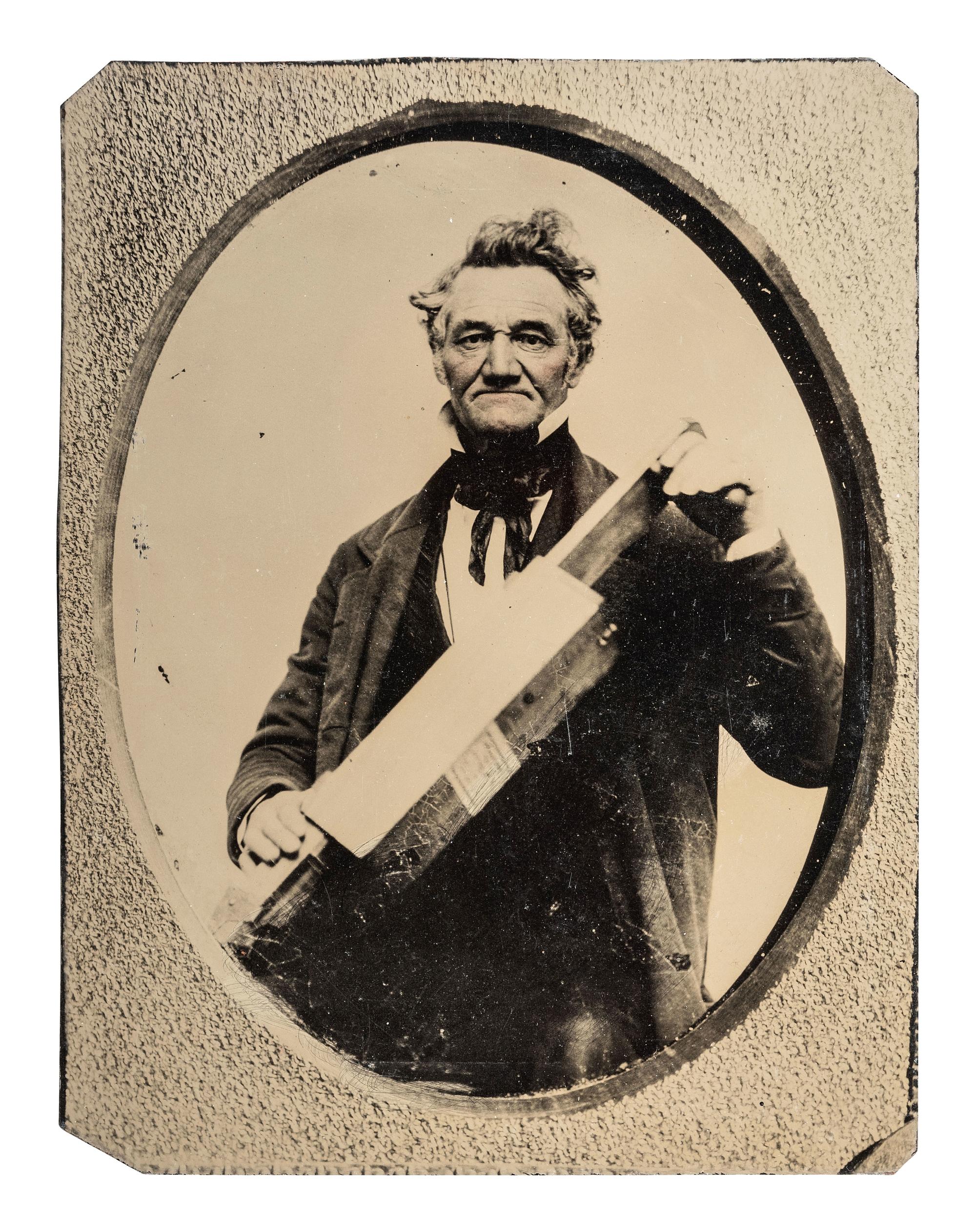 [EARLY PHOTOGRAPHY]. A group of 3 images, incl. sixth plate daguerreotypes of inventor Charles H. Dana seated next to his "Corn Planter."