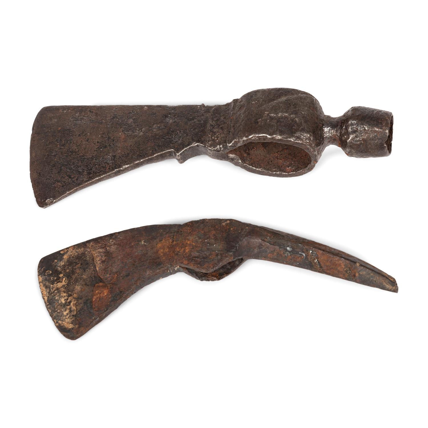 Spike Tomahawk and Pipe Tomahawk Heads — lot of 2, both hand-forged