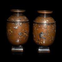 A Pair of Japanese Mixed Metal Vases, Miyabe Atsuyoshi, Late Meiji Period