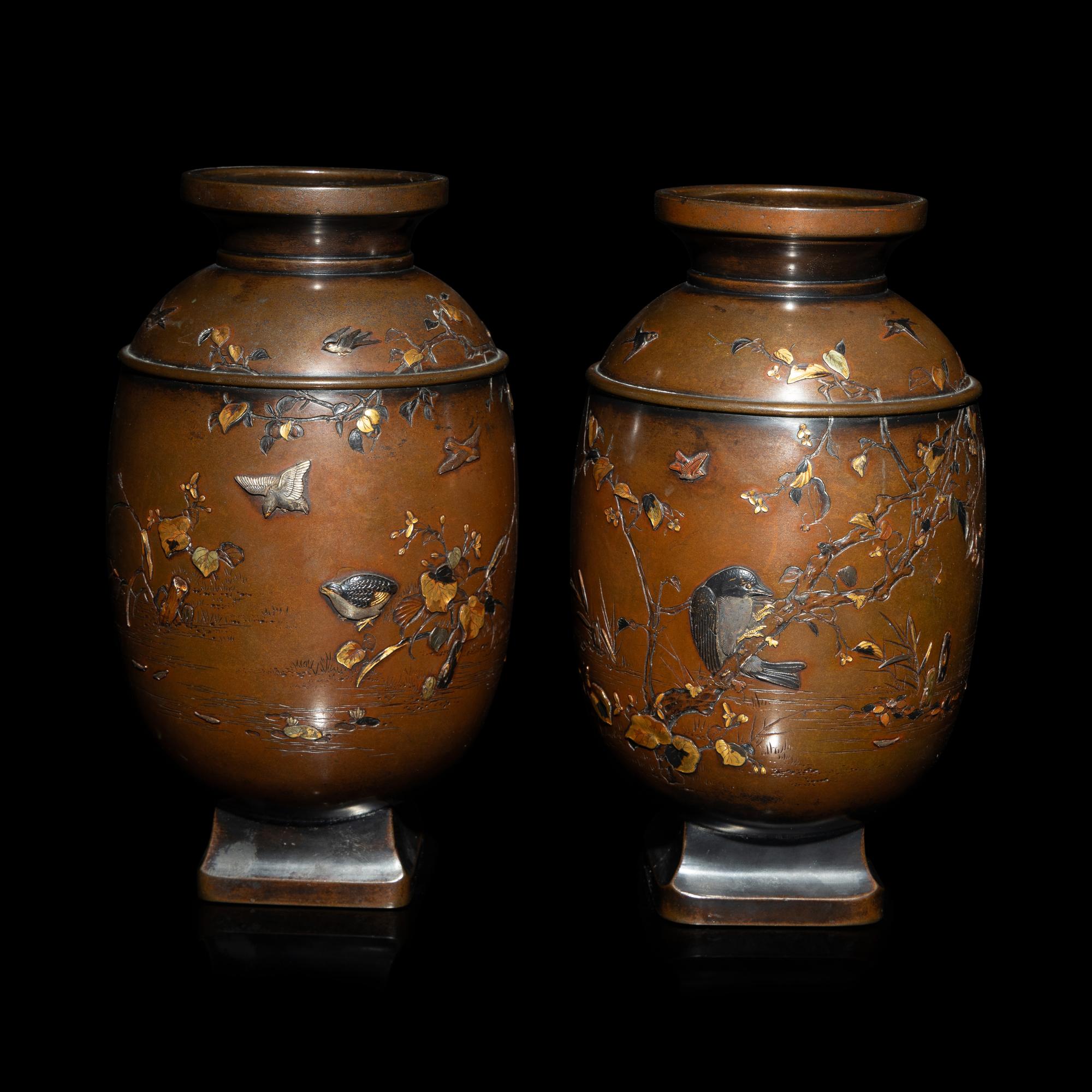 A Pair of Japanese Mixed Metal Vases, Miyabe Atsuyoshi, Late Meiji Period