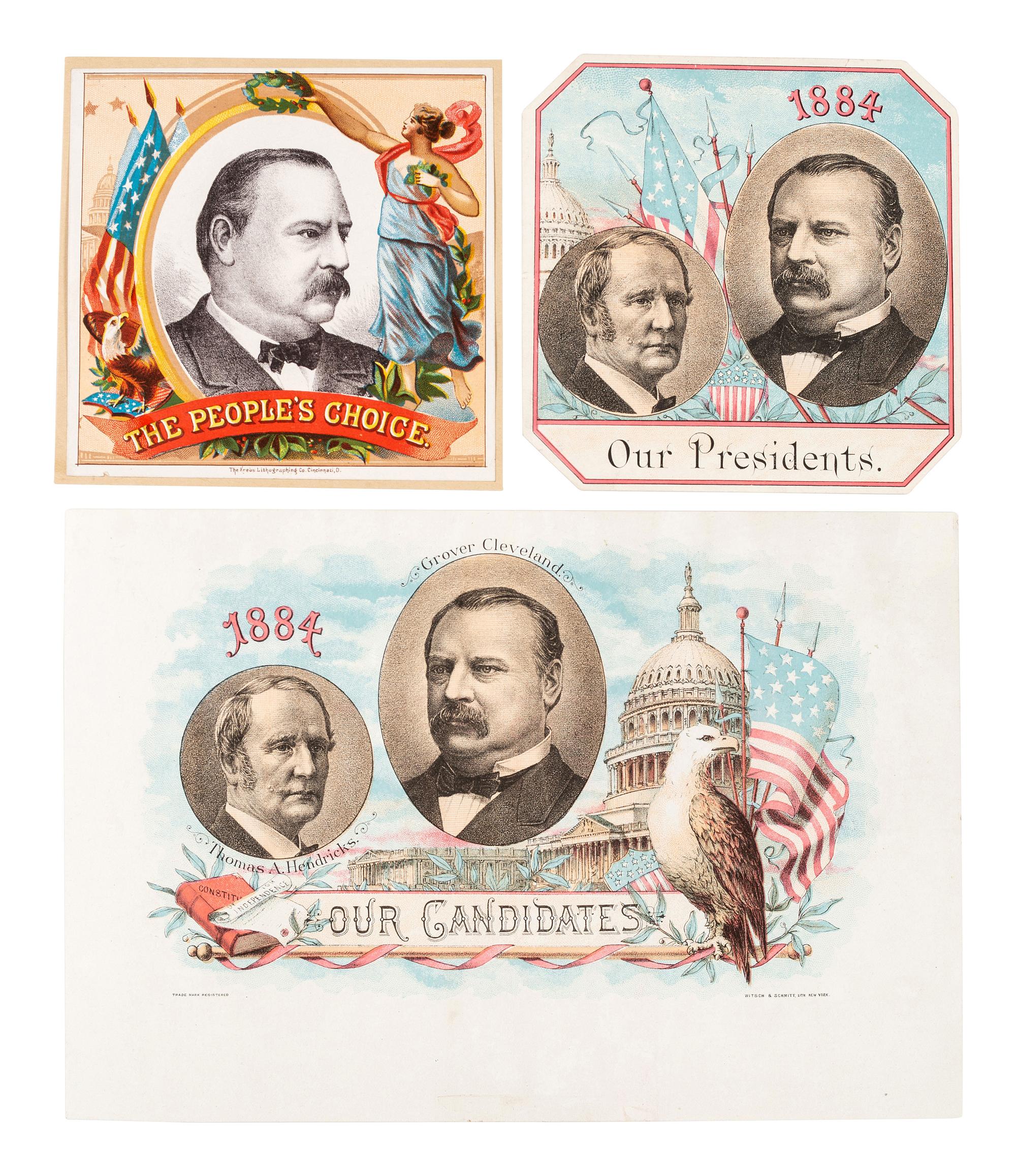 [CLEVELAND, Grover (1837-1908)] -- [HENDRICKS, Thomas (1819-1885)]. A group of cigar box labels from Cleveland and Hendricks' 1884 presidential campaign, comprising: