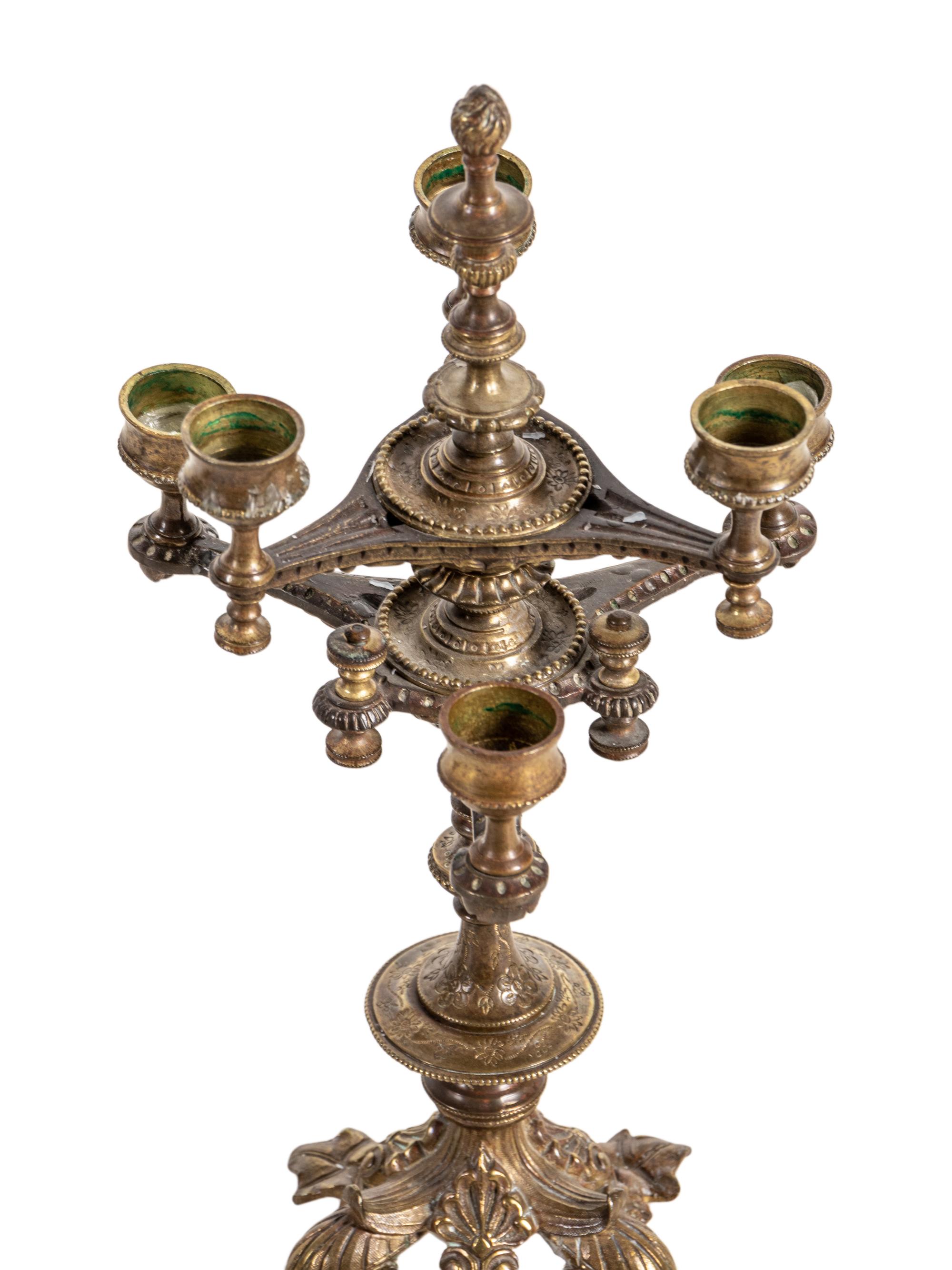 A Pair of Continental Gilt Bronze Six-Light Candelabra