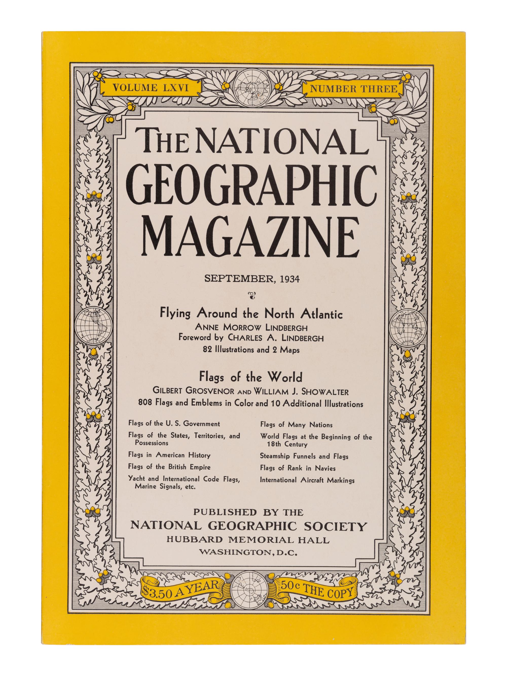 LINDBERGH, Anne Morrow (1906-2001). "Flying Around the North Atlantic." In: National Geographic . Washington: The National Geographic Society, September 1934.