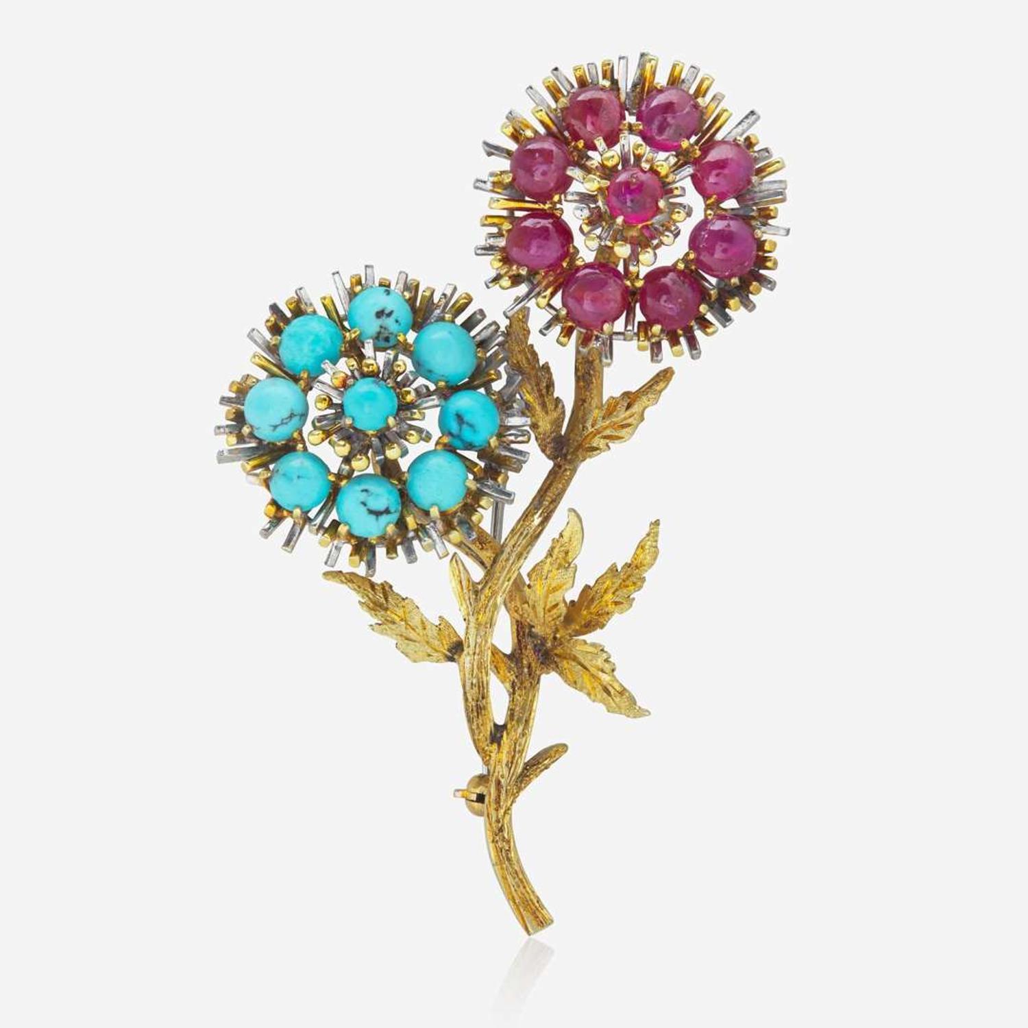 A Two-Tone 14K Gold, Ruby, and Turquoise Brooch