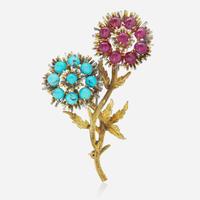 A Two-Tone 14K Gold, Ruby, and Turquoise Brooch