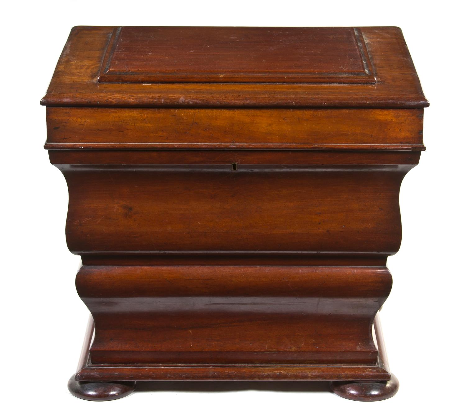 A Georgian Style Mahogany Cellarette, Height 22 1/4 x width 26 x depth 22 3/4 inches.