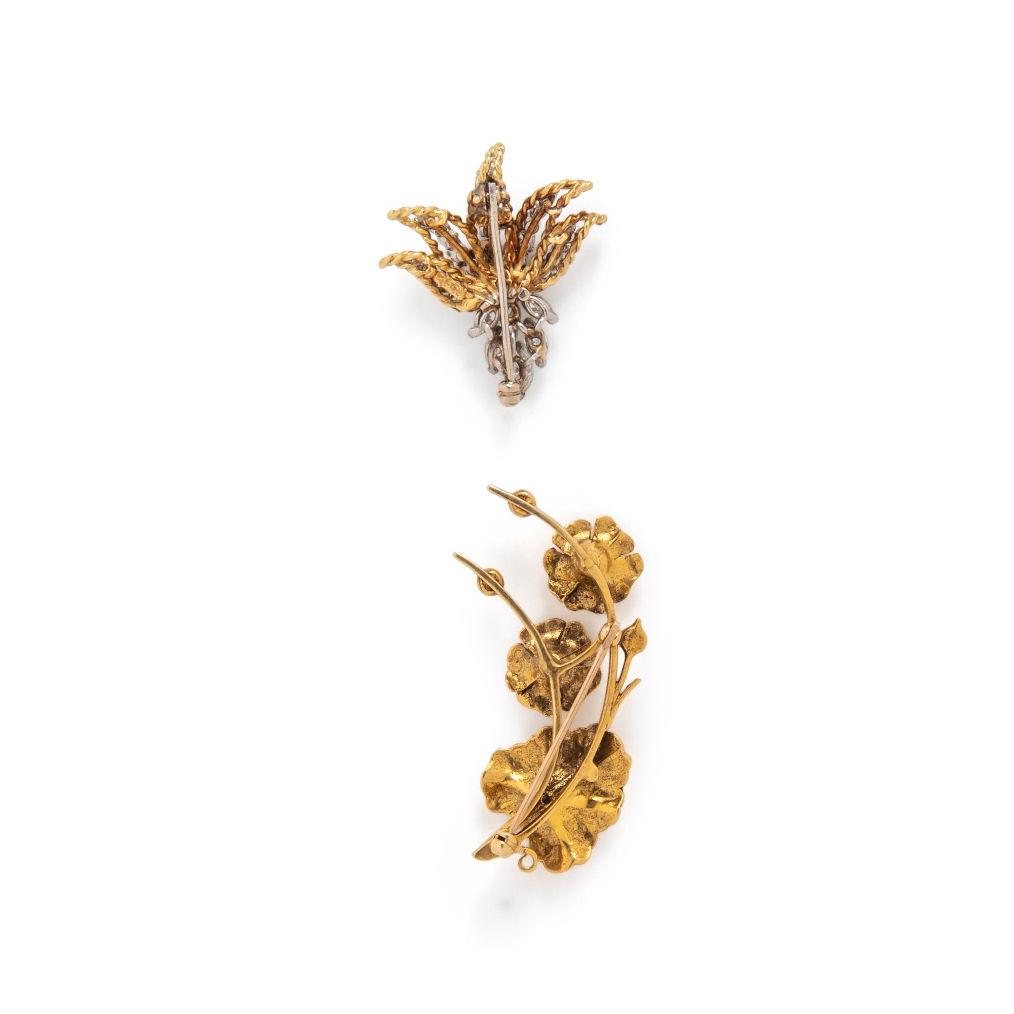 TWO YELLOW GOLD AND GEMSTONE BROOCHES